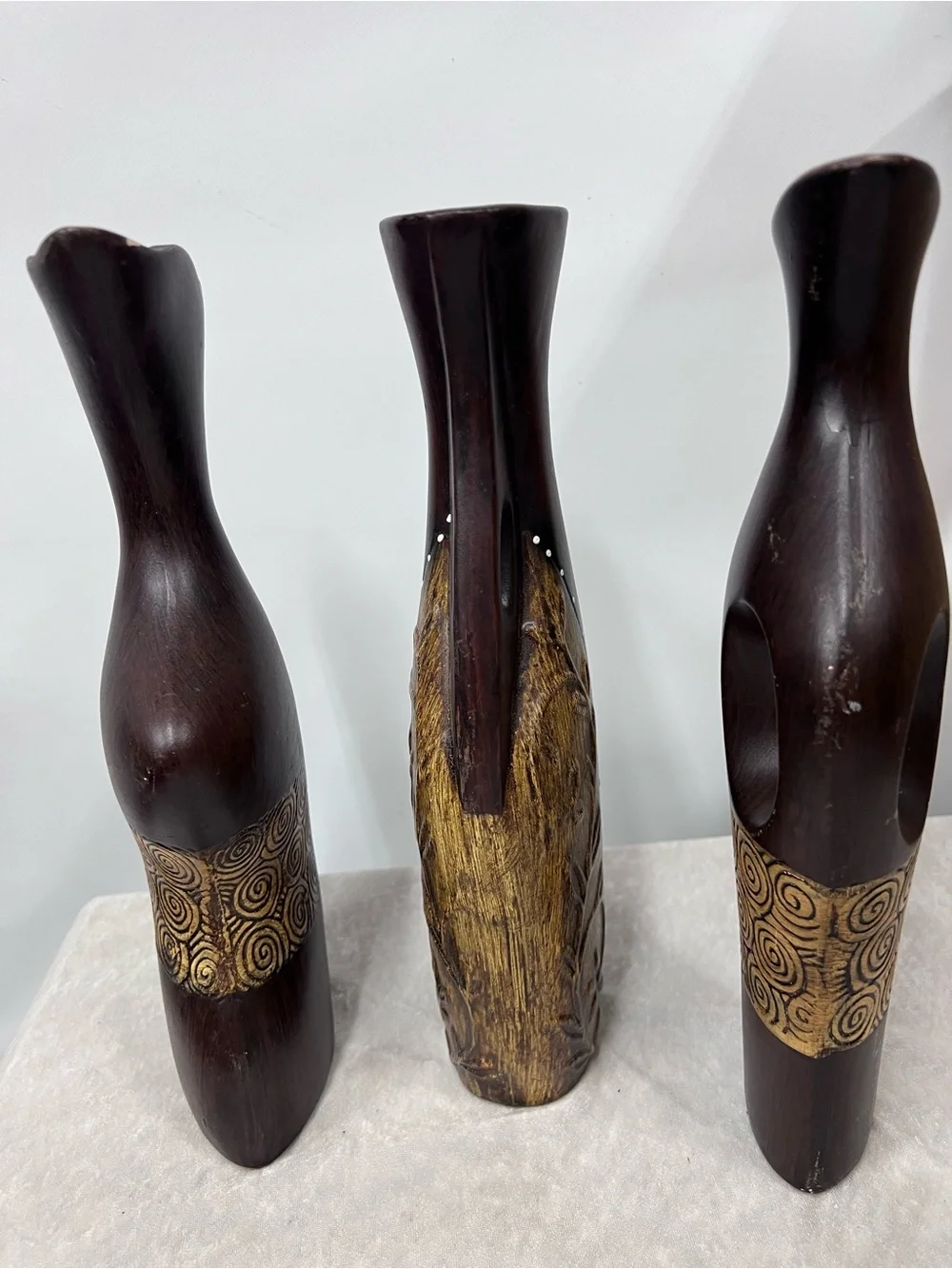 Brown Decorative Vase Set spiral accents 3 piece FLAWED